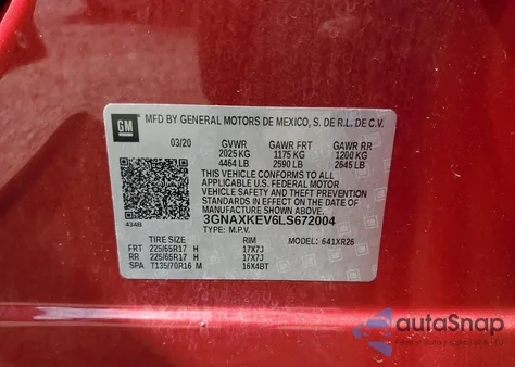 2020 Chevrolet Equinox Lt из США, поврежденный, VIN 3GNAXKEV6LS672004